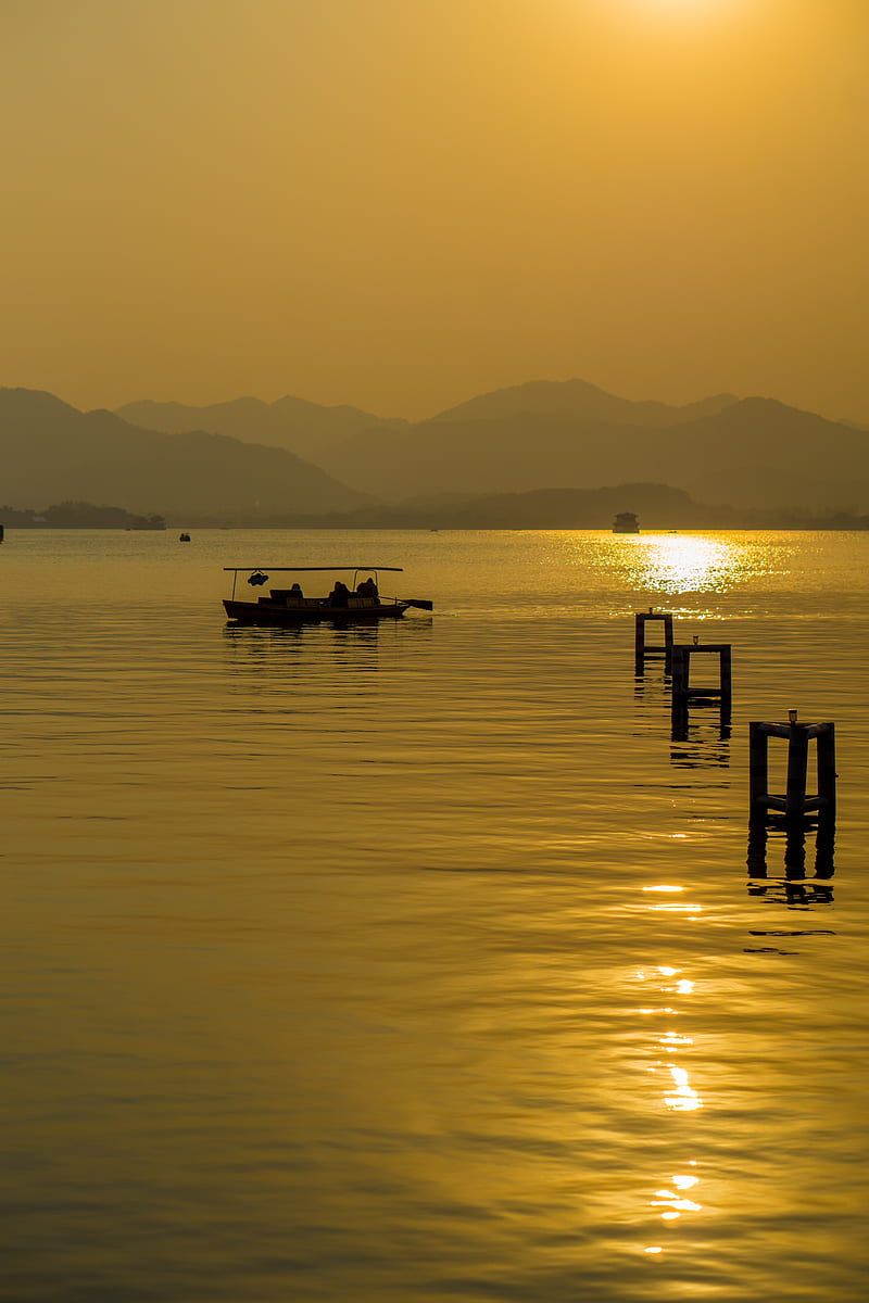 lake, sunset, boat, horizon, HD phone wallpaper