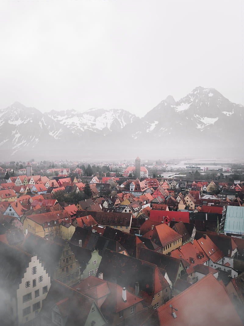 city, mountains, aerial view, buildings, fog, HD phone wallpaper