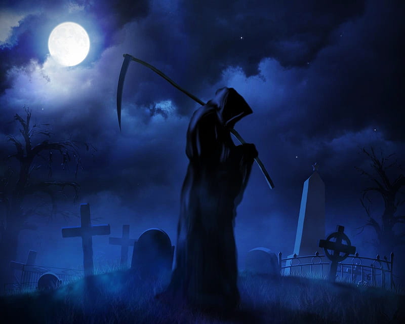 Reaper, clouds, cross, dark, dark angel, gothic, grave, moon, night, HD wallpaper