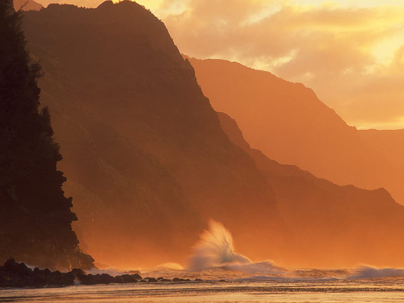 Incoming tide (Kauai), orange, hawaii, ocean, waves, sea, tide, mountains, sunrise, napali coast, kauai, HD wallpaper
