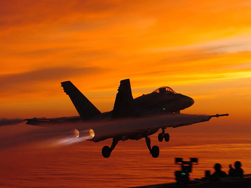RAAF F/A - 18, f-18, sunset, hornet, aircraft, boat, plane, military, raaf, carrier, HD wallpaper