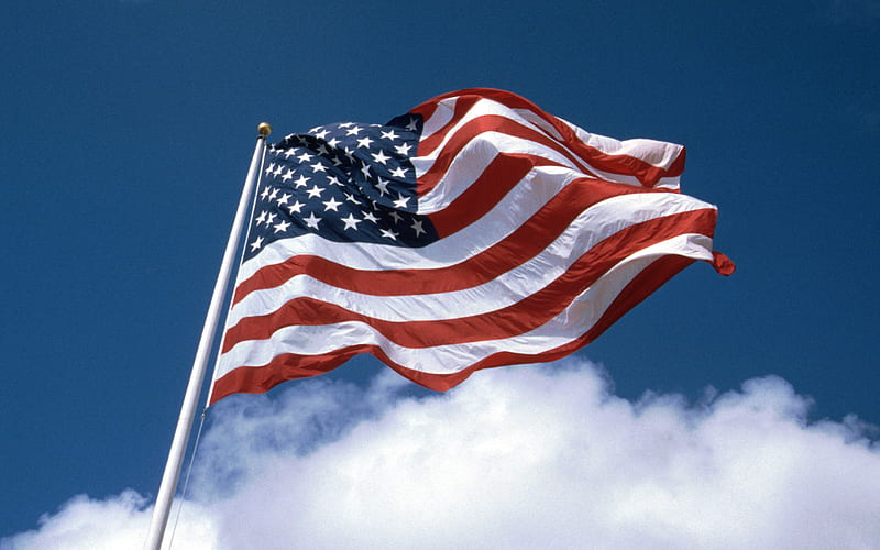 USA flag on flagpole, blue sky, American flag, USA, national symbol, USA flag, flagpole, HD wallpaper