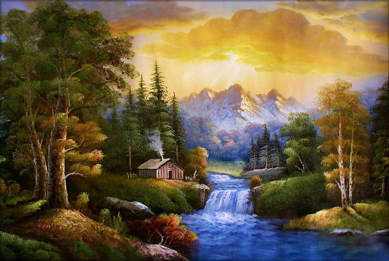 Sunset in Wilderness, sun, waterfall, river, cabin, trees, sky, artwork ...