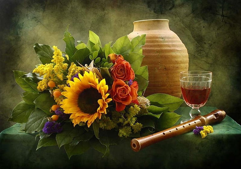 Still Life, glass, flute, flowers, jug, blossoms, sunflower, roses, HD wallpaper
