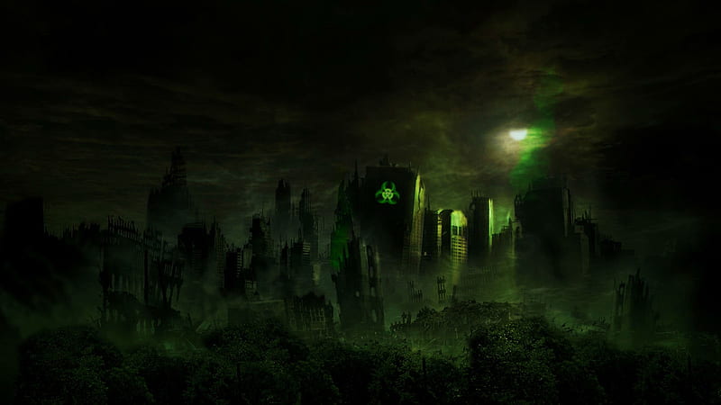 Destruction, fantasy, sun, dark, buildings, dust, smoke, sky, HD wallpaper