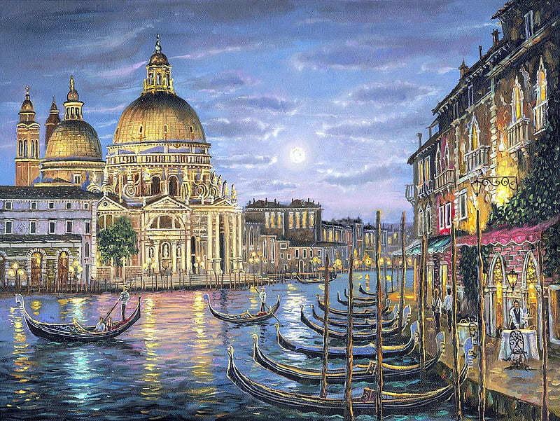 Santa Maria, Venice, sun, canal, houses, church, sky, clouds, artwork, boat, painting, HD wallpaper