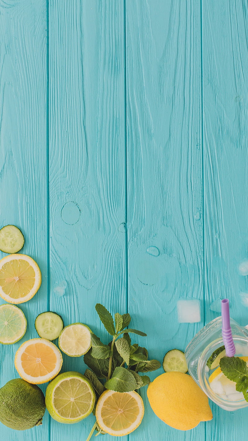 Lemon and lime, blue, blue woode, food, fresh, fruit, juice, morning, wood, HD phone wallpaper