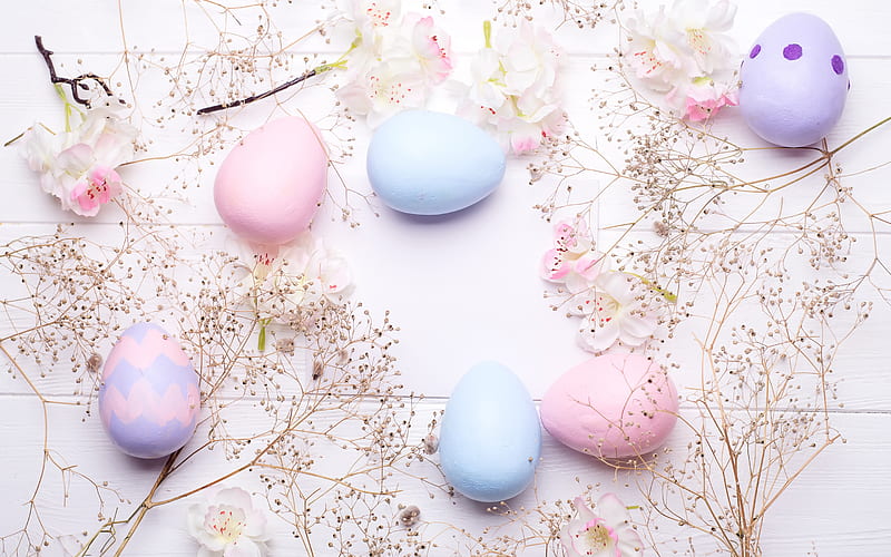 Easter pink background, spring, Easter, colorful Easter eggs, wooden white background, spring flowers, HD wallpaper