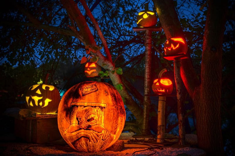Happy Halloween, pumpkin, scary, face, artwork, night, light, HD wallpaper