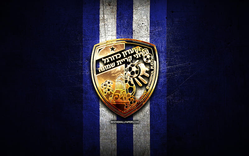 Hapoel Ironi Kiryat Shmona FC, golden logo, Ligat ha Al, blue metal background, football, Israeli football club, Hapoel Ironi Kiryat Shmona logo, soccer, Hapoel Haifa, HD wallpaper