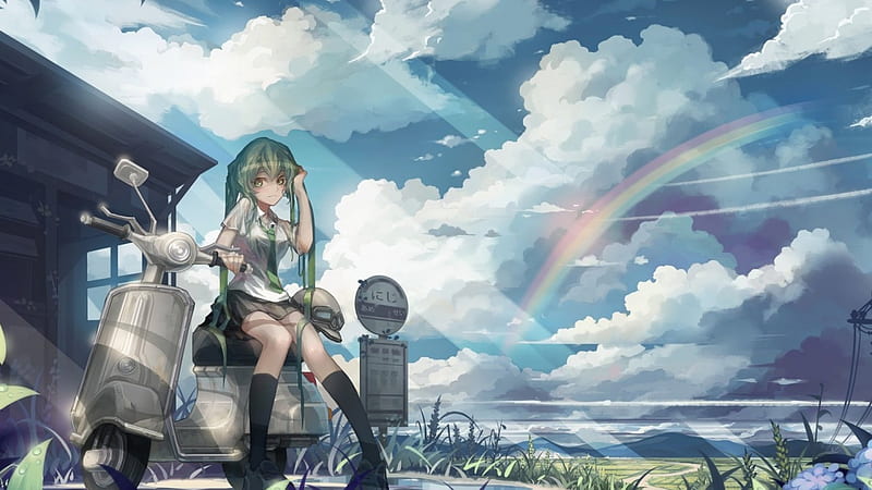 Paradise, sun, moped, bonito, rainbow, clouds, cute, school, hair, girl, green, uniform, anime, summer, nature, vehichle, HD wallpaper