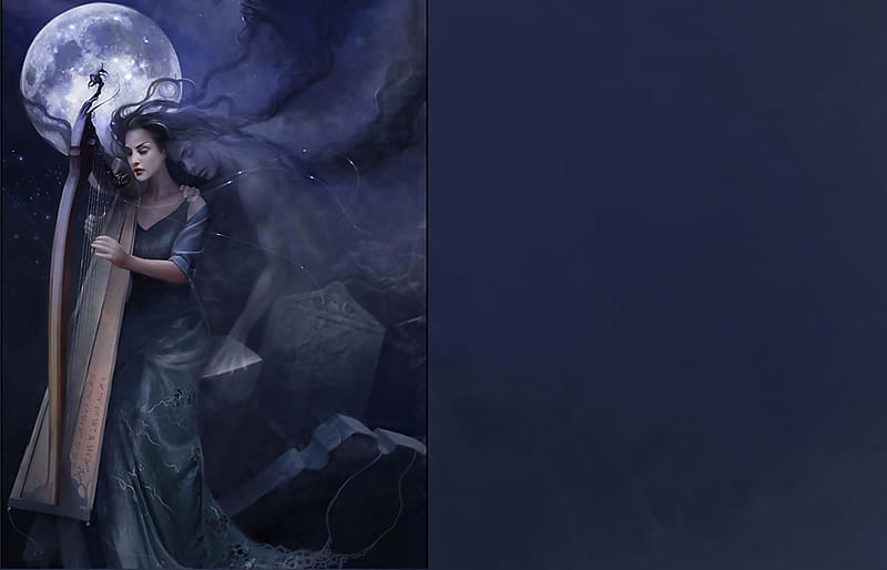 fantasy woman playing harp, mystery, fantasy, harp, moonlight, woman, HD wallpaper