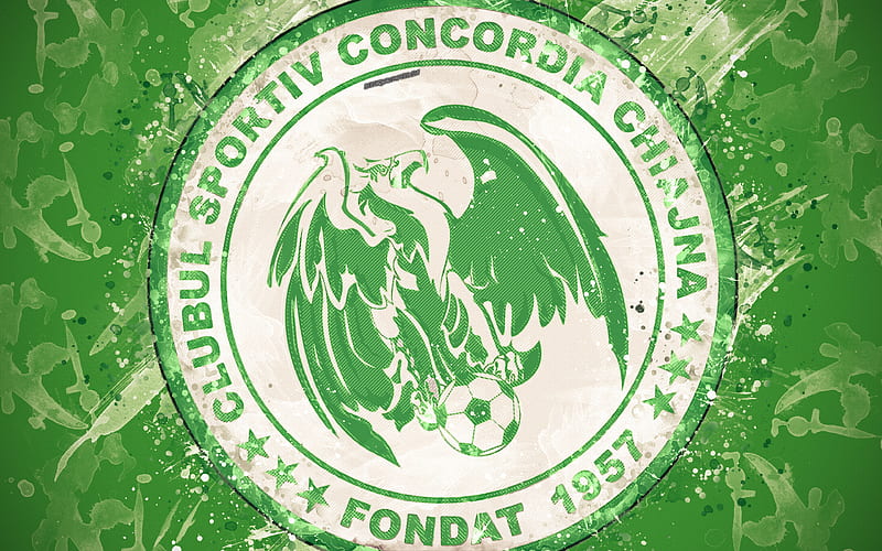 CS Concordia Chiajna paint art, logo, creative, Romanian football team, Liga 1, emblem, green background, grunge style, Chiajna, Romania, football, HD wallpaper
