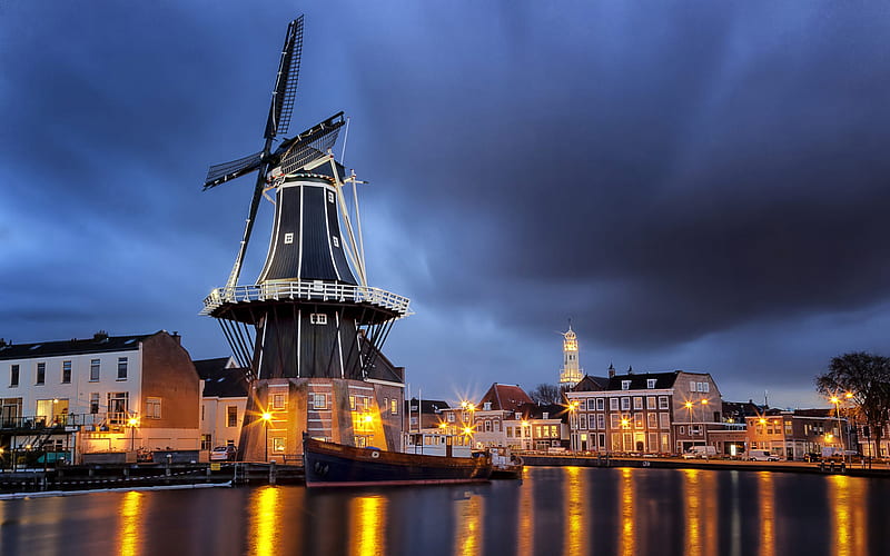 Haarlem, mill, nightscapes, Sparne River, Netherlands, Europe, dutch cities, Haarlem at night, HD wallpaper