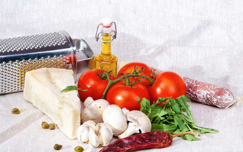 *** Good and healthy food ***, tomatoes, olive oil, food, cheese, healthy, vegetables, HD wallpaper