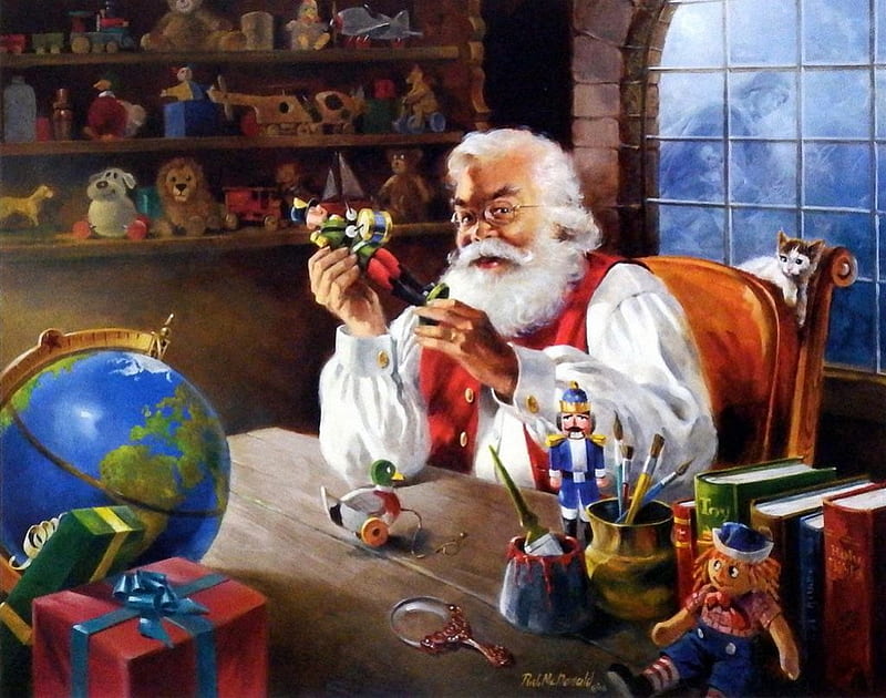 Santa's Approval, table, christmas, Workshop, chair, toys, artwork, xmas, HD wallpaper