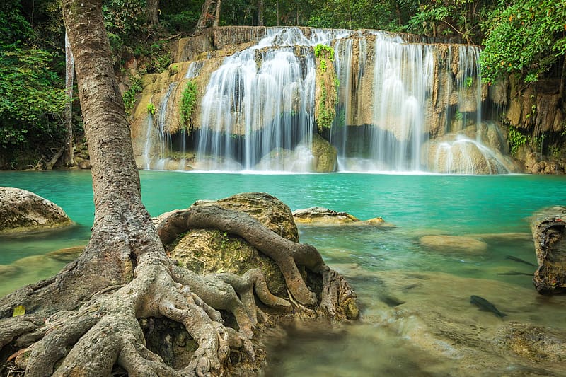 Kanchanaburi Waterfall, Thailand, thailand, waterfall, nature, tree, HD wallpaper