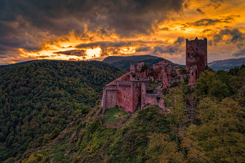 Castles, Castle, Alsace, France, Rappoltsweiler, Ruin, Sky, Sunset, HD wallpaper