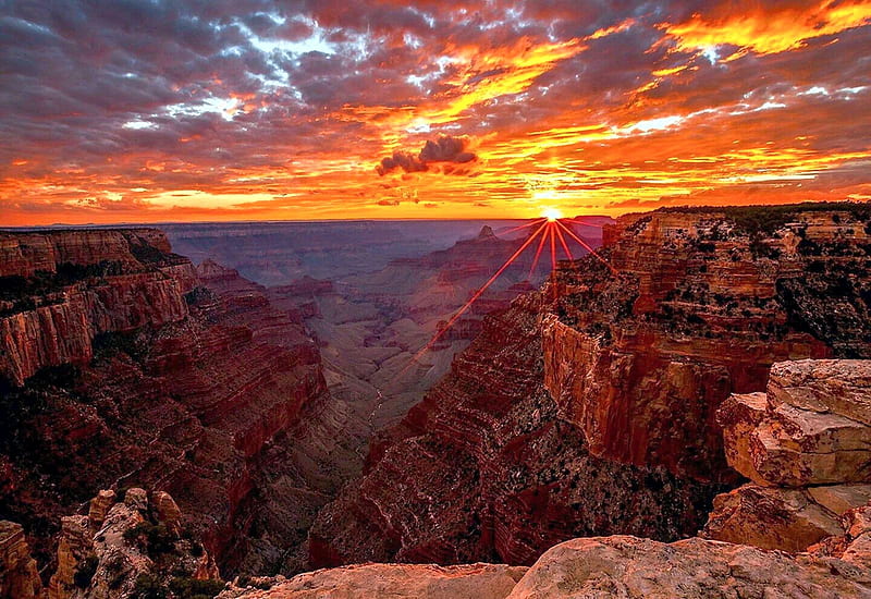 The Grand Canyon at sunset, arizona, mountains, usa, colors, clouds, sky, HD wallpaper