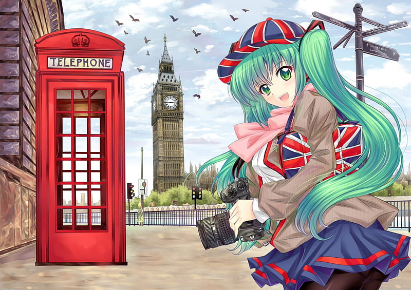 Wanna take with Me, pretty, telephone, green eyes, camera, sweet, nice, anime, tower, beauty, anime girl, vocaloids, long hair, lovely, miku, sky, sexy, cute, hatsune, green hair, scenic, hatsune miku, bonito, hot, scenery, vocaloid, female, cloud, view, clock, twintails, girl, bird, scene, HD wallpaper
