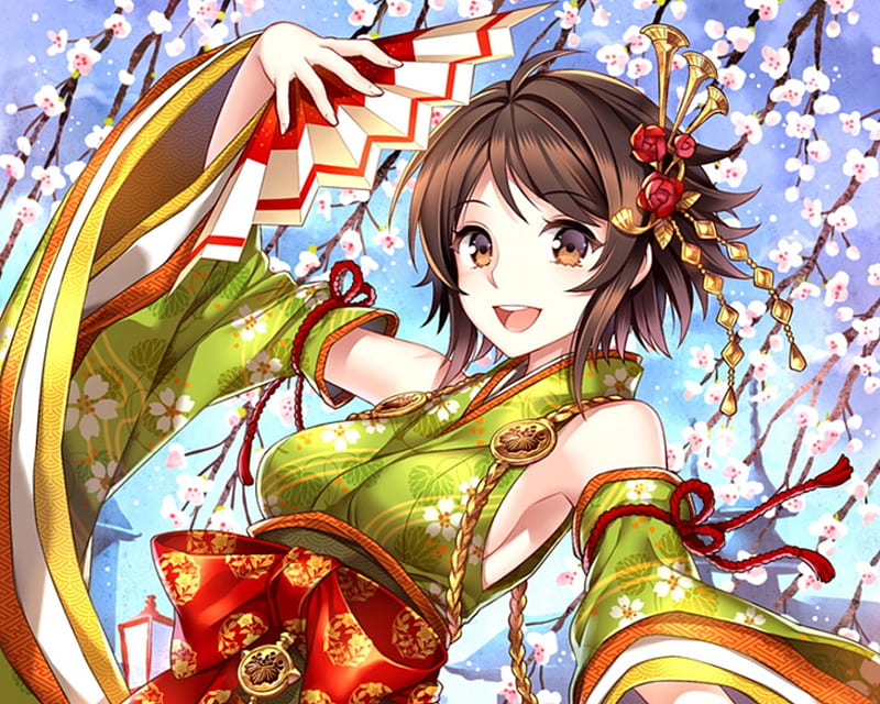 Anime, pretty, dress, sakura blossom, bonito, cherry blossom, blossom, nice, hot, beauty, sakura, female, sexy, short hair, cute, girl, anime girl, flower, fan, petals, HD wallpaper Anime, pretty, dress, sakura blossom, bonito, cherry blossom, blossom, nice, hot, beauty, sakura, female, sexy, short hair, cute, girl, anime girl, flower, fan, petals, HD wallpaper