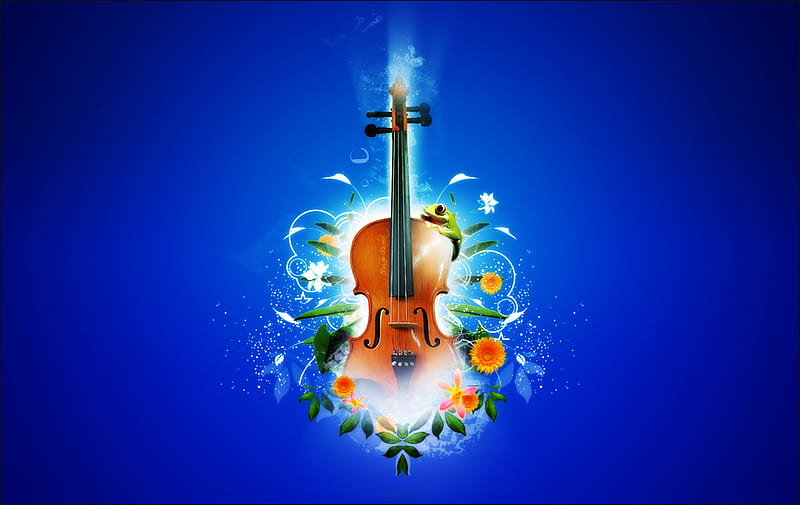 Violin, frog, green, orange, flower, abstract, blue, leaf, HD wallpaper