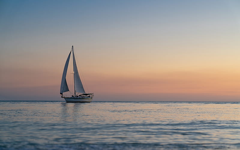 white sailboat, sunset, seascape, evening, beautiful evening sky, white yacht, HD wallpaper