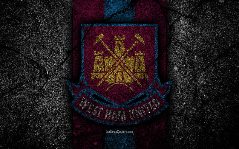West Ham United FC logo, Premier League, grunge, England, asphalt texture, West Ham United, black stone, soccer, football, FC West Ham United, HD wallpaper