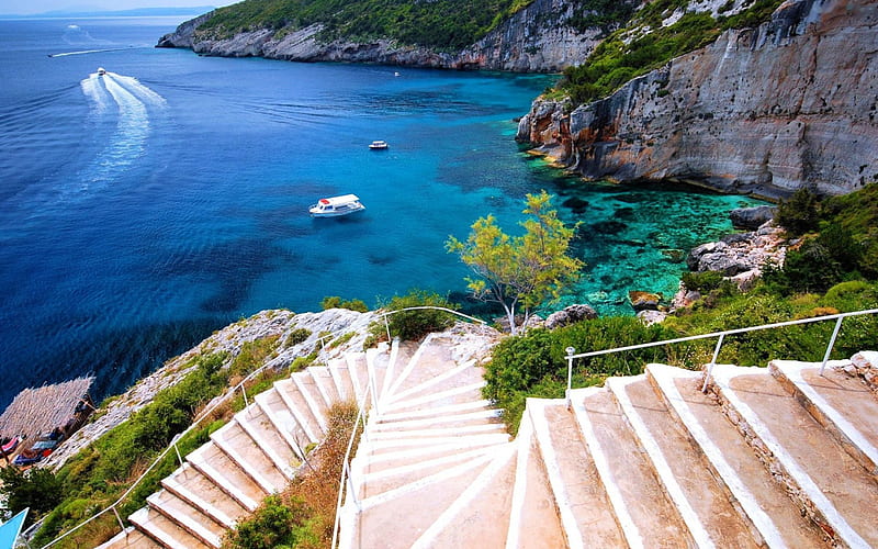 Stairs from the Sea, Water, boats, view, summer, cliff, HD wallpaper