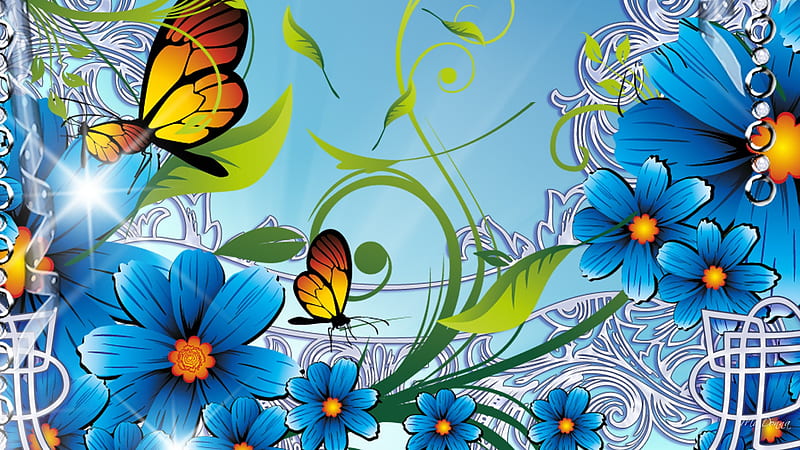 Summers Blue Flowers, blue flowers, leaves, summer, firefox persona, spring, silver, yellow butterflies, HD wallpaper