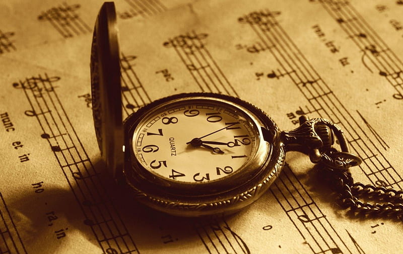 Time for music, sepia, art, note sheets, time, pocket watch, music, old, graphy, wp, vintage, HD wallpaper