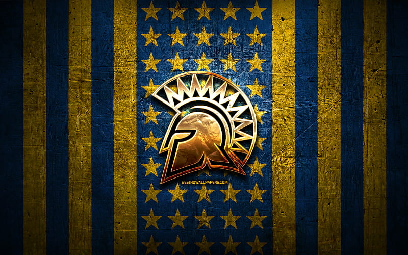 San Jose State Spartans flag, NCAA, yellow blue metal background, american football team, San Jose State Spartans logo, USA, american football, golden logo, San Jose State Spartans, HD wallpaper