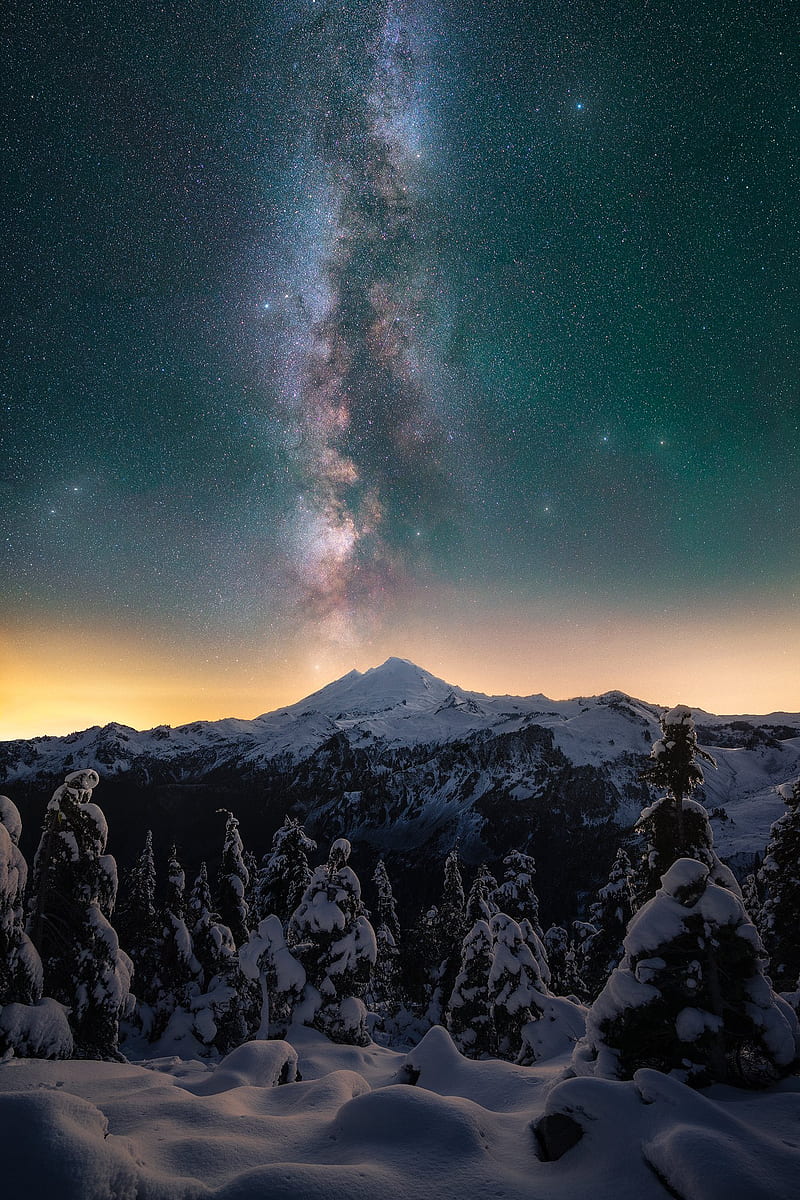 nature, mountains, stars, Milky Way, snow, HD phone wallpaper