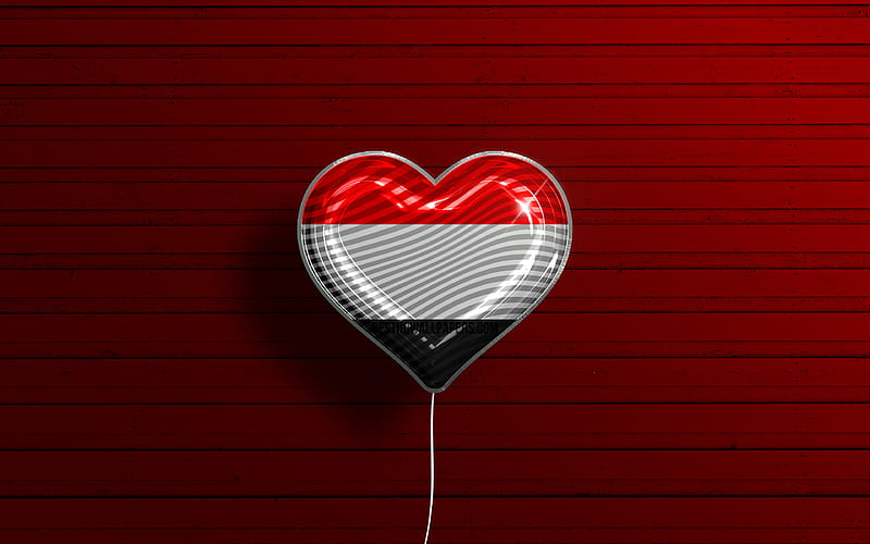 I Love Yemen realistic balloons, red wooden background, Asian countries, Yemeni flag heart, favorite countries, flag of Yemen, balloon with flag, Yemeni flag, Yemen, Love Yemen, HD wallpaper
