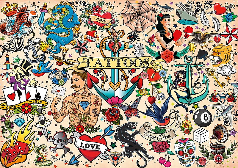 Tattoos, stuff, collage, tattoo, colorful, texture, skin, HD wallpaper