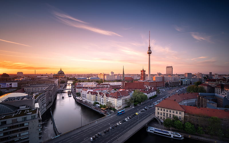 Berlin, morning, sunrise, Fernsehturm Berlin, skyline, Berlin cityscape, Germany, HD wallpaper