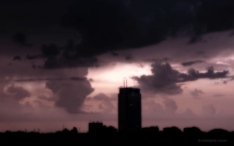 Summer Thunder, skyscraper, , thunder, black, sky, silhouette, clouds, storm, city, warsaw, poland, purple, skyline, dark, rain, evening, HD wallpaper