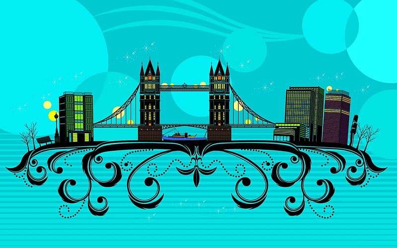 Tower Bridge, stars, London, street lamp, Bobby, buildings, light pole, bench, lamppost, trees, street light, boat, bridge, HD wallpaper