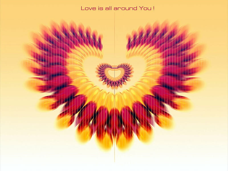 love is all around you, art, love, heart, words, yellow, HD wallpaper