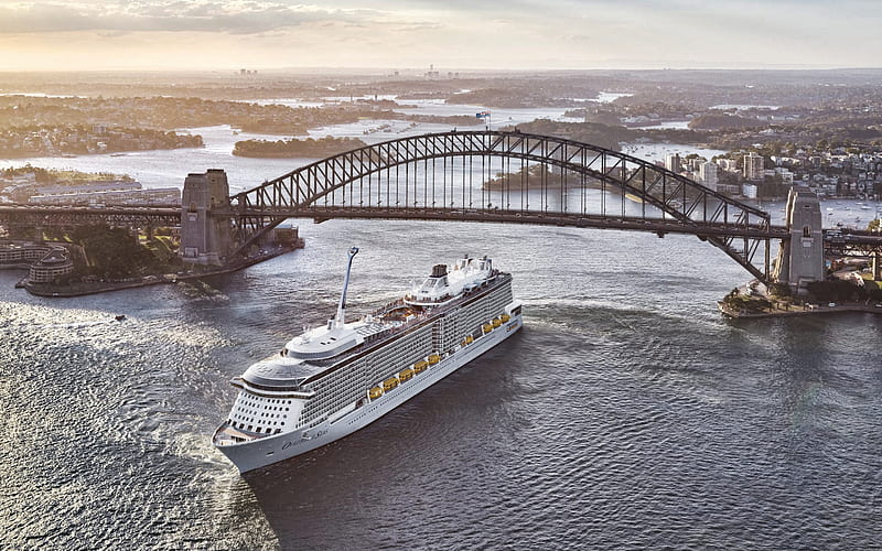 Sydney Harbor Bridge, Sydney, evening, sunset, cruise ship, steel arched bridge, Sydney cityscape, Australia, HD wallpaper