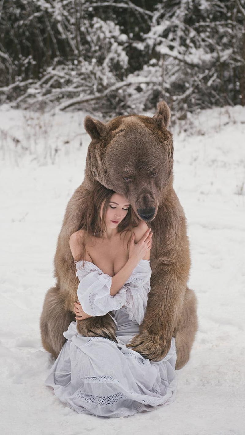 Bear, girl, grizzly, snow field, woman, HD phone wallpaper