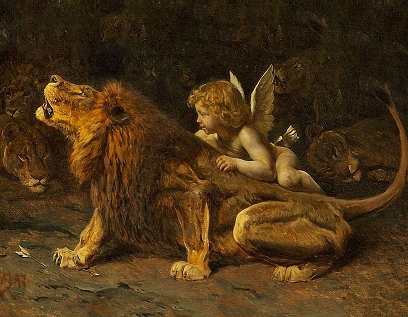 Cupido and the lion by Valdemar Irminger, art, wings, black, cupido, lion, animal, valdemar irminger, painting, white, HD wallpaper