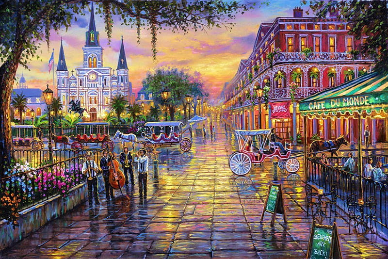 Jackson Square, New Orleans, musicians, buildings, sunset, artwork, coaches, horses, people, painting, flowers, street, vintage, HD wallpaper
