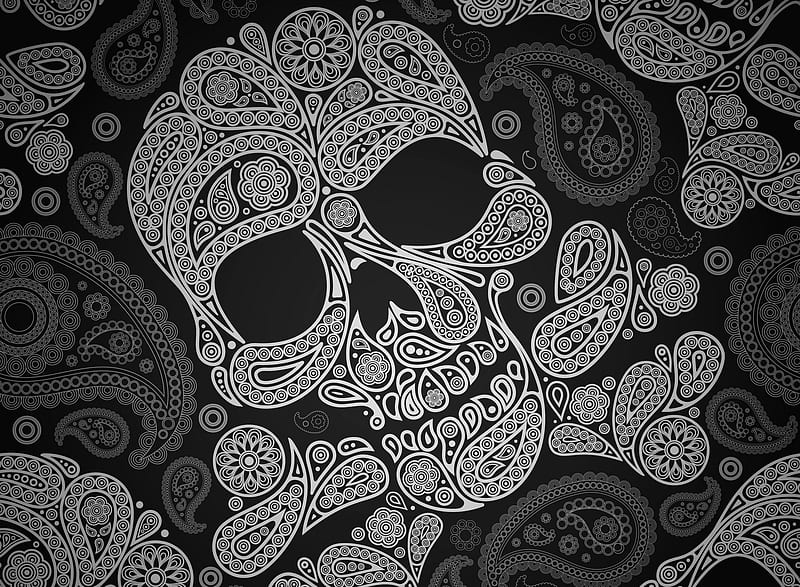 Paisley Skull, abstract, black, dark, head, pattern, HD wallpaper
