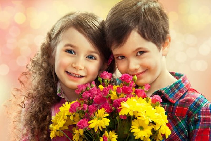 Lovely, children, bonito, smile, roses, sweet, daisies, boy, bokeh, girl,  bouquet, HD wallpaper | Peakpx