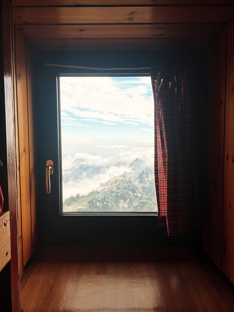 closed black wooden framed window with red plaid curtain, HD phone wallpaper
