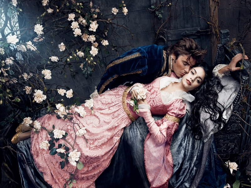 Sleeping Beauty, dress, rose, prince, valentine, woman, kiss, girl, love, flower, annie leibovitz, pink, couple, HD wallpaper