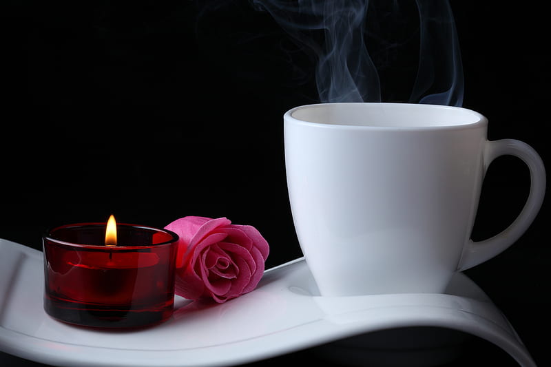 harmony, with love, good morning rose, bonito, tea, graphy, nice, drink, flori, morning, light, lumanari candle, elegantly, cool, coffee, cup, flower, plate, cafea, HD wallpaper