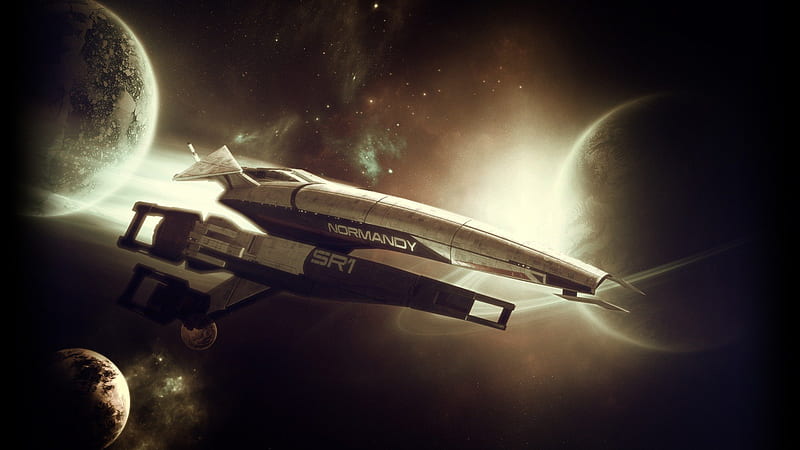 Normandy SR-1 (Mass Effect), planets, fantastic, video game, game, spaceship, nice, cool, ship, normandy sr-1, planet, mass effect, awesome, HD wallpaper