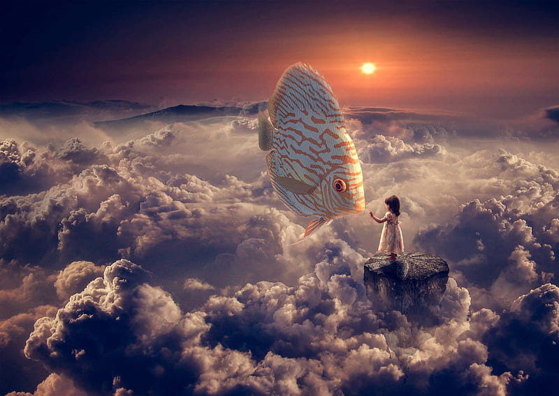 Summer dream, cloud, little, orange, fish, creative, sky, fantasy, girl ...